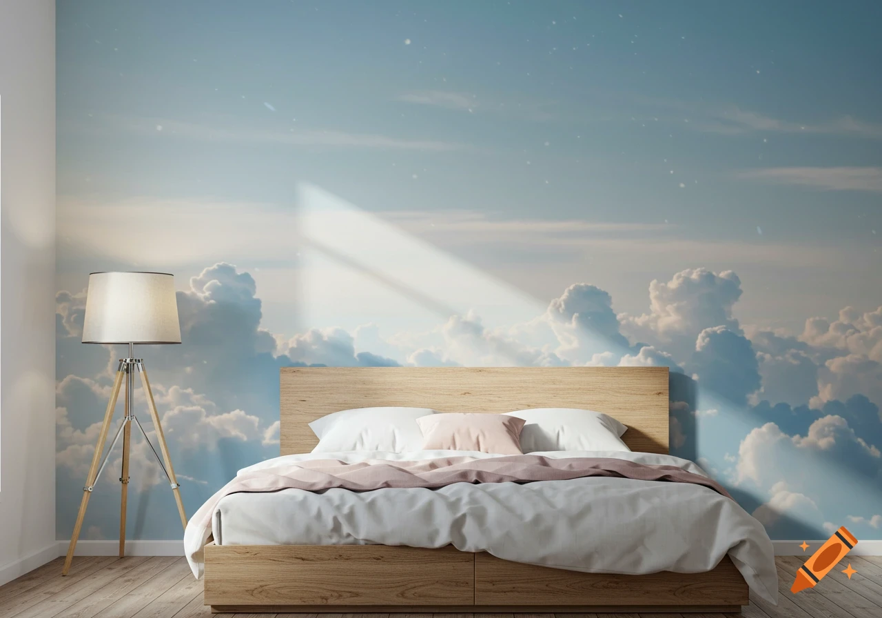 A modern bedroom featuring a wall covered in a cloud wallpaper, with a wooden bed and a floor lamp.