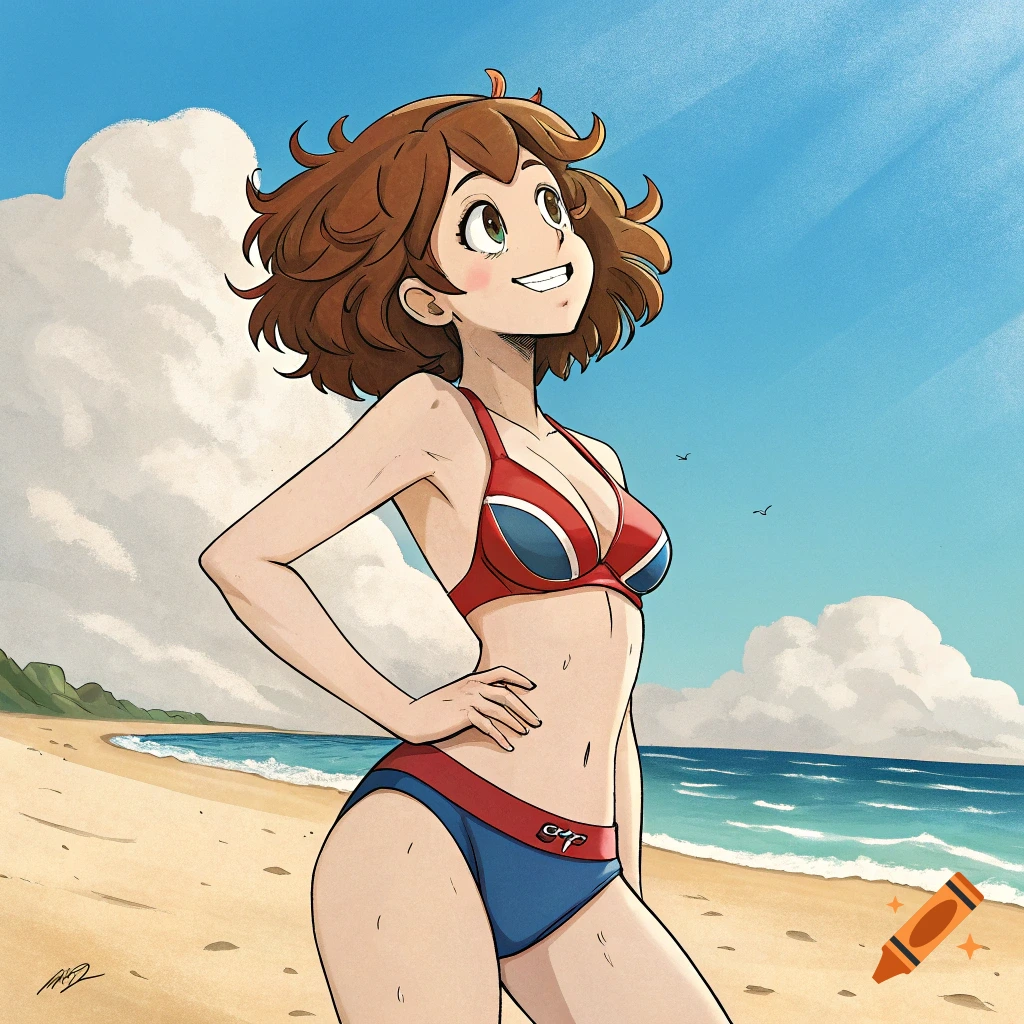 Anime character resembling Ochaco Uraraka in a red, white, and blue bikini standing on a beach, smiling.