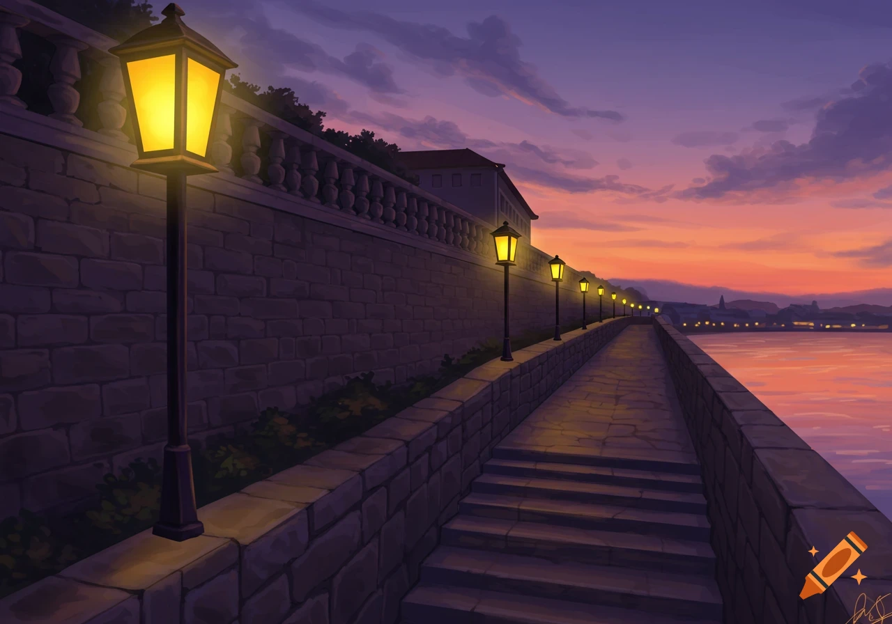 Digital painting of an embankment with stone stairs and yellow lanterns at dusk.