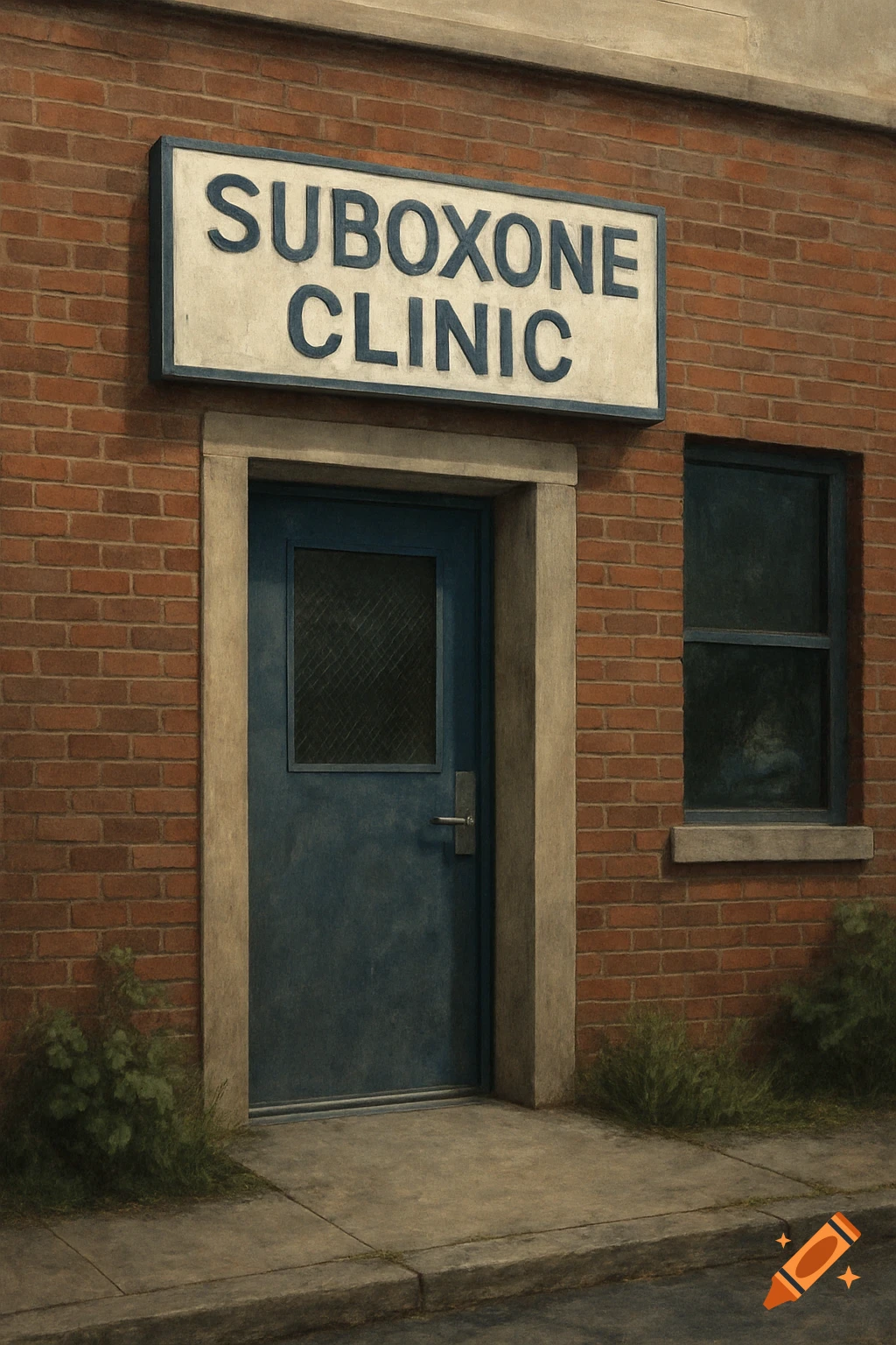 Realistic image of the entrance to a building with a sign reading SUBOXONE CLINIC.