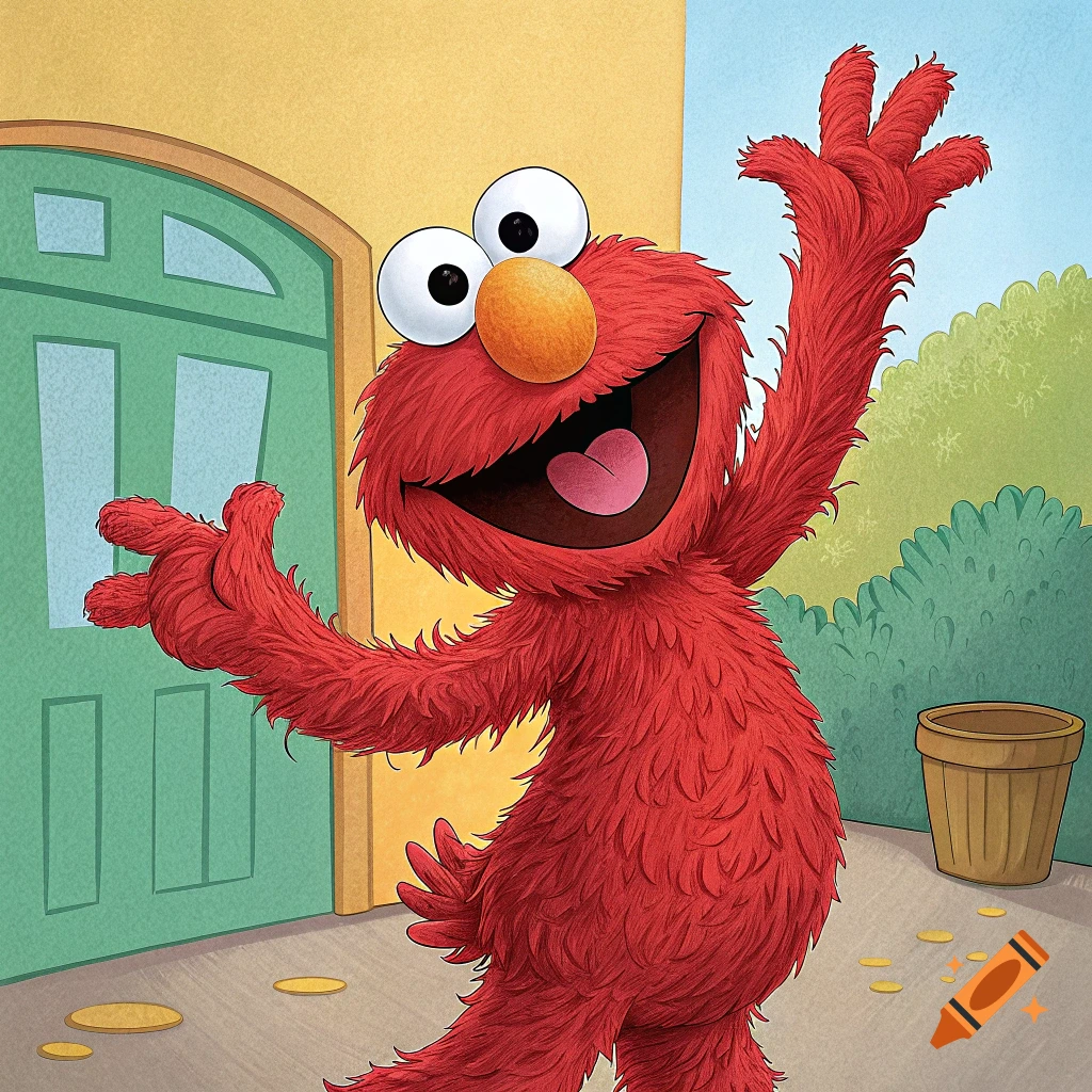 Elmo waves enthusiastically in front of a house in an illustration