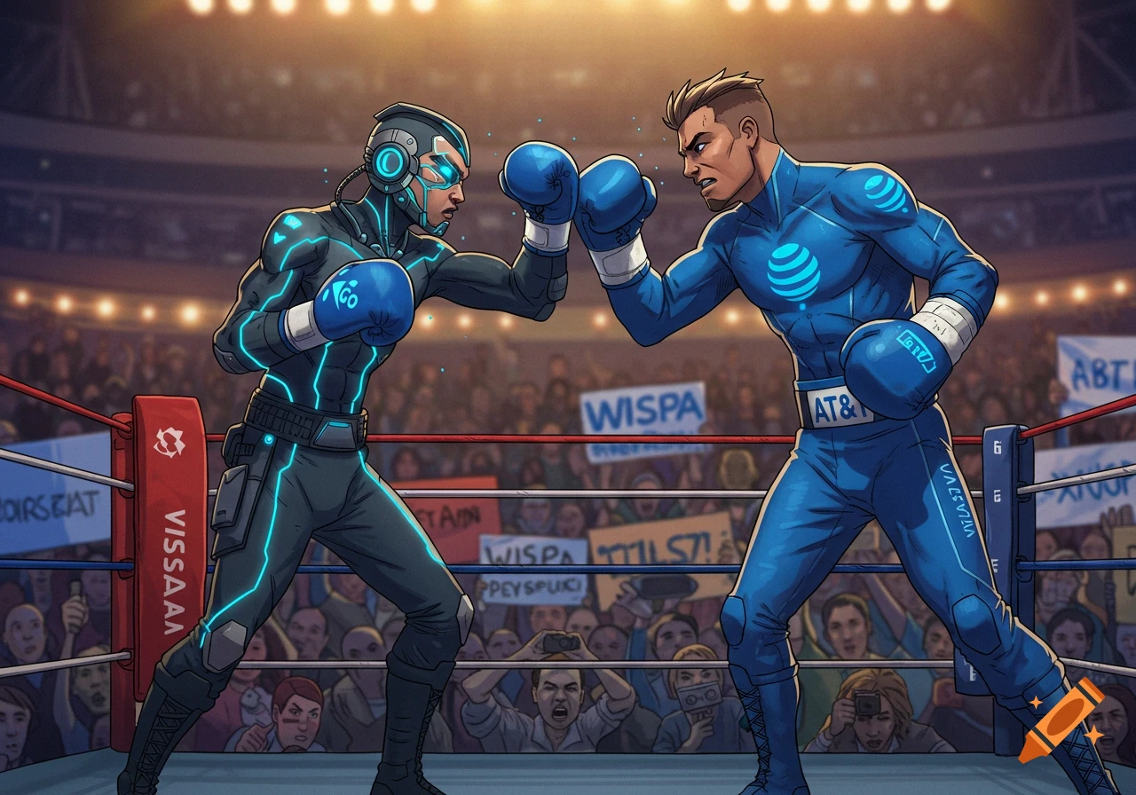 Two figures, one in a futuristic suit, the other in a blue suit with a logo resembling AT&T, box in a ring watched by a crowd. Illustrative style.