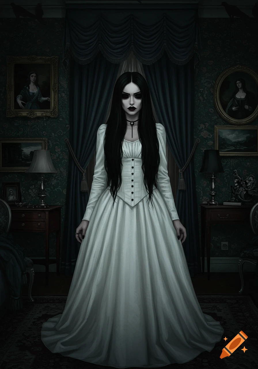 A goth woman in a white dress stands in a dark Victorian room.