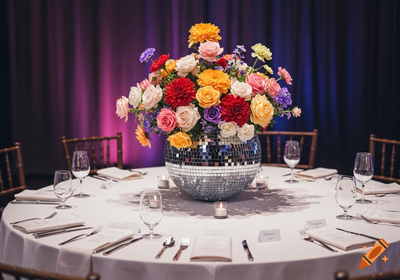 Table setting with a disco ball vase overflowing with colorful flowers.
