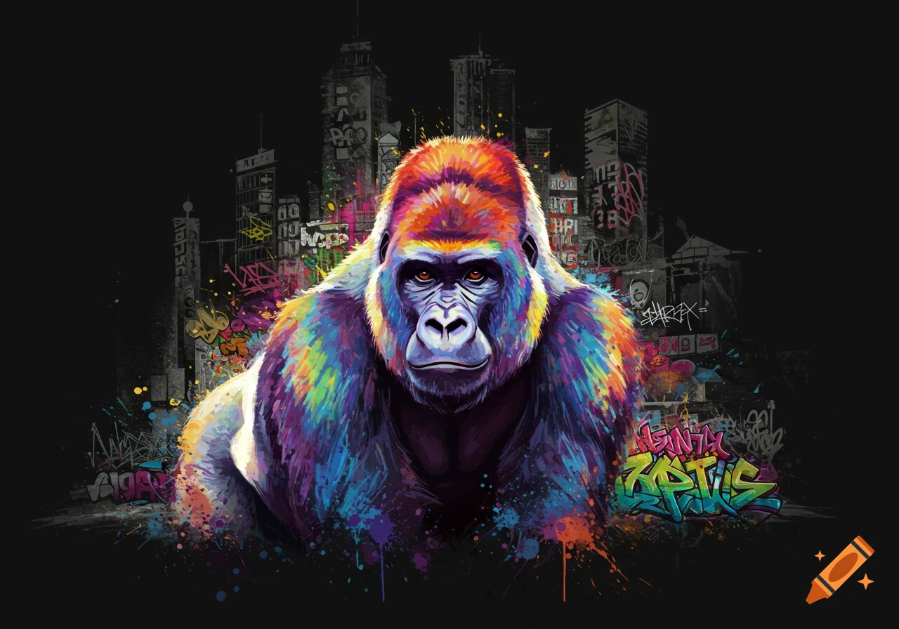 Colorful watercolor gorilla with graffiti in an urban background