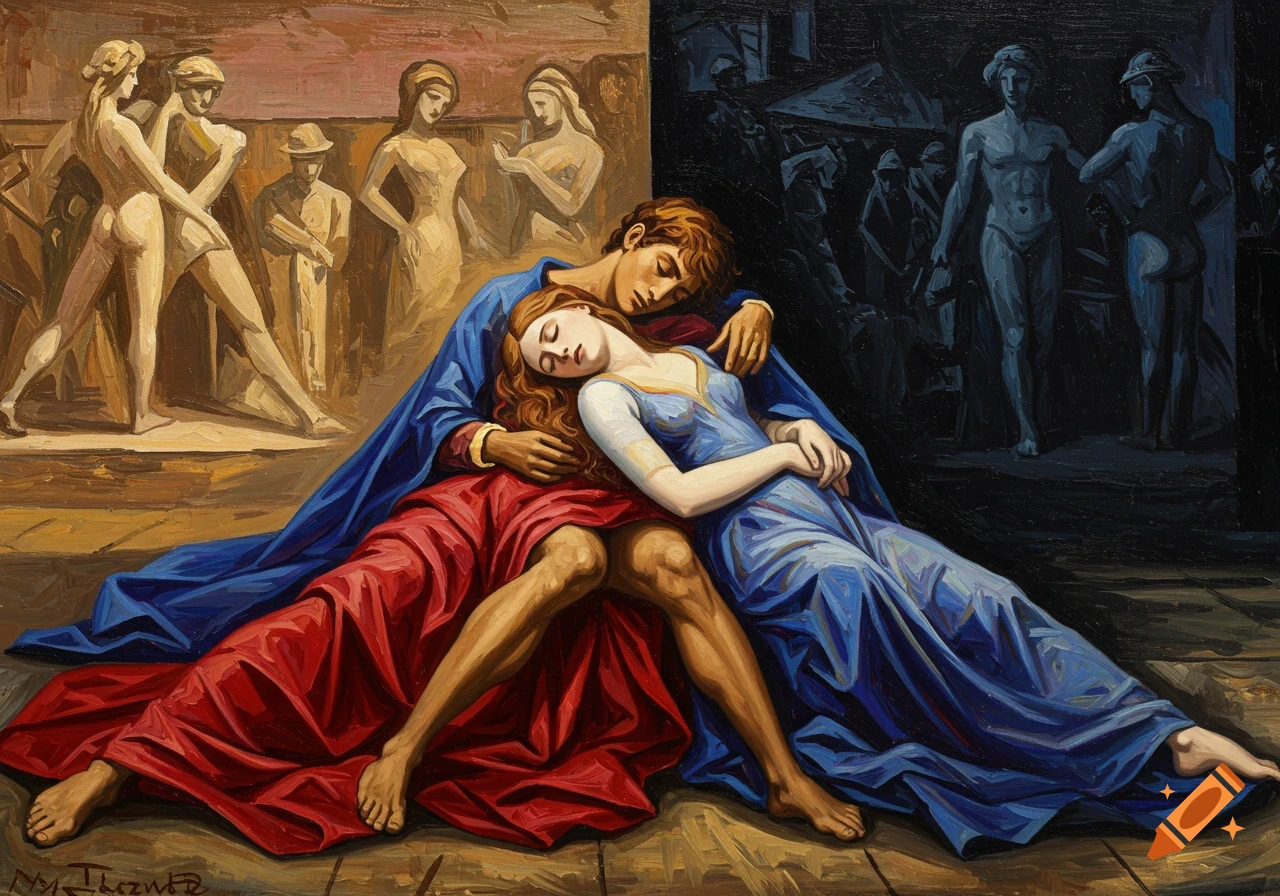 Abstract painting of a couple (red and blue robes) lying intertwined, with a split light and dark background featuring abstracted figures.
