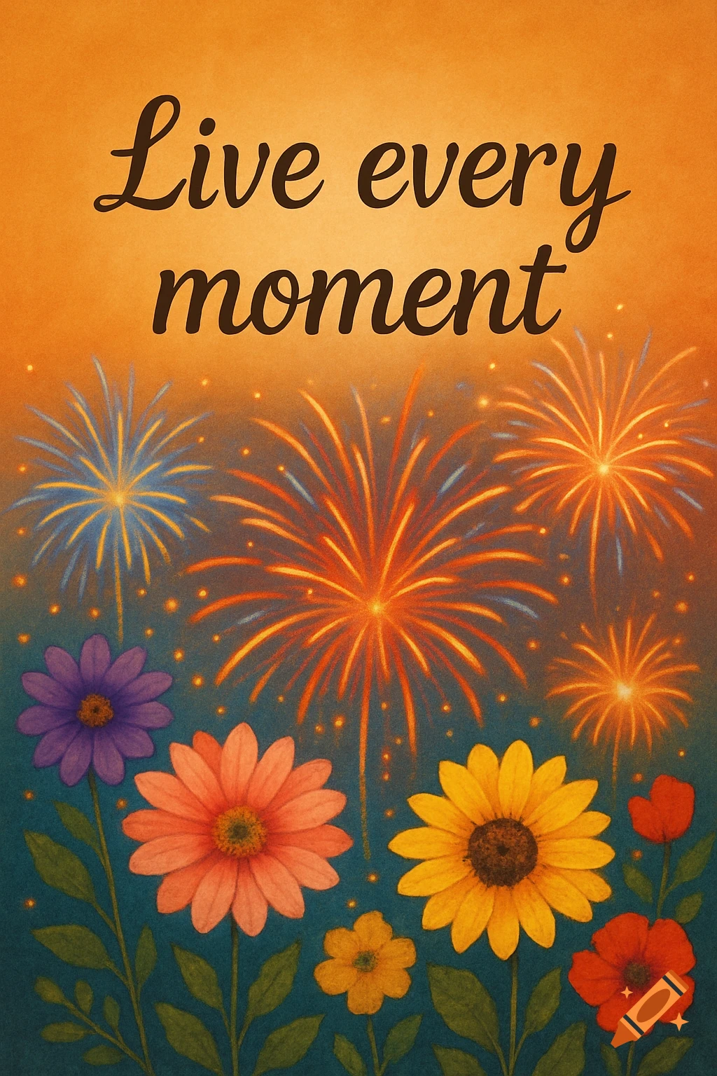 Illustration of flowers and fireworks with 'Live every moment'