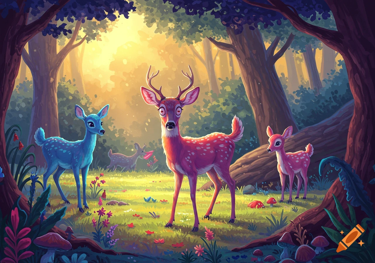 Cartoon deer in a brightly lit forest clearing