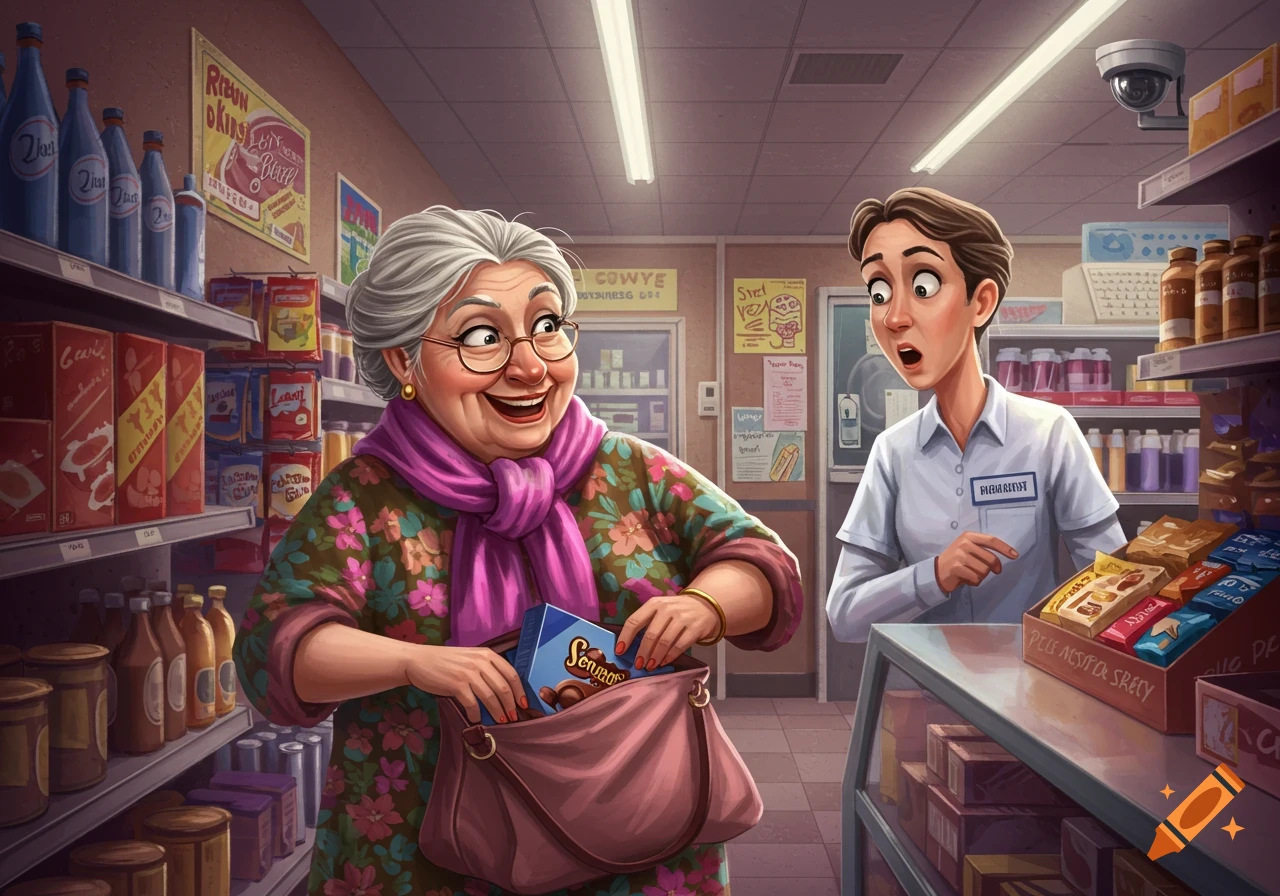 Cartoon image of a smiling grandma shoplifting a box from a store shelf, eyed by a shocked store clerk.