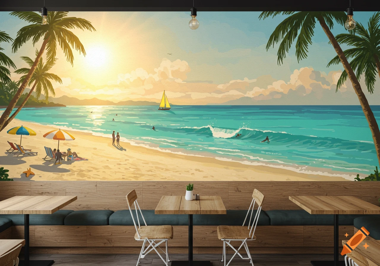 Vibrant beach mural with palm trees, people relaxing and surfing, and a sailboat under a sunny sky in an illustrative style.