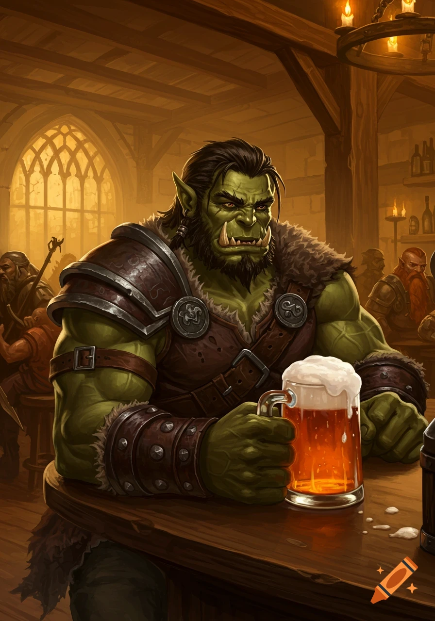 A detailed illustration of an orc barbarian sitting at a bar, holding a mug of beer.