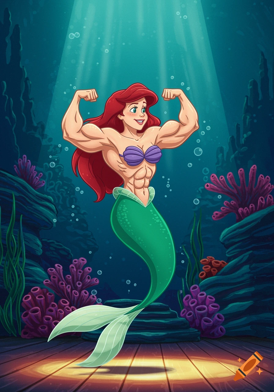 A cartoon image of a muscular mermaid flexing her biceps while standing on a stage underwater.