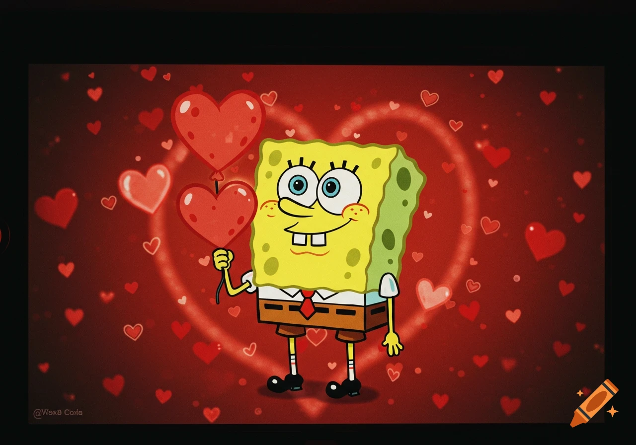 Spongebob holds heart balloons against a red background filled with hearts