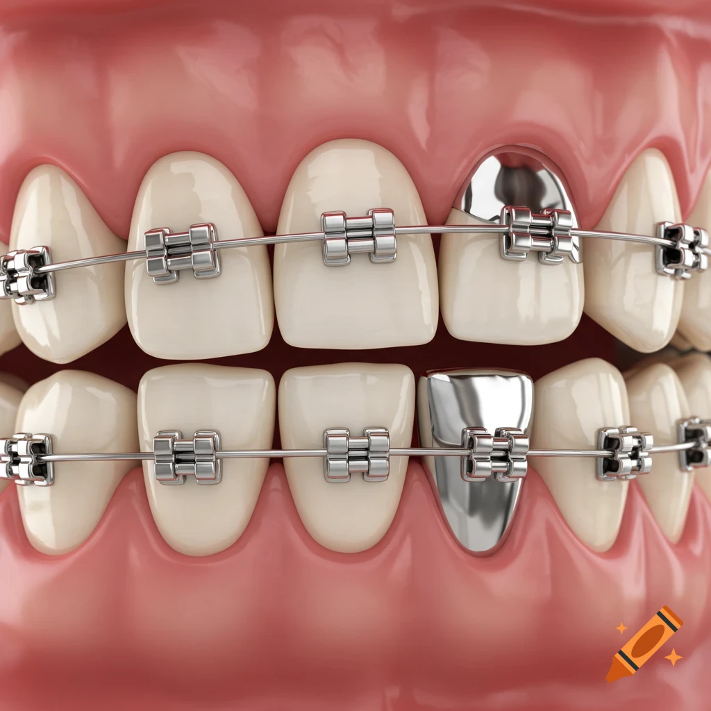 Close-up of teeth with braces and silver fillings