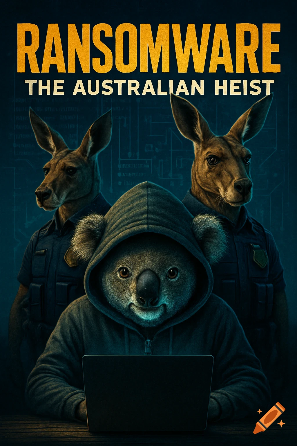 A movie poster showing a koala in a hoodie on a laptop and two kangaroos in police uniforms. Text: Ransomware The Australian Heist.