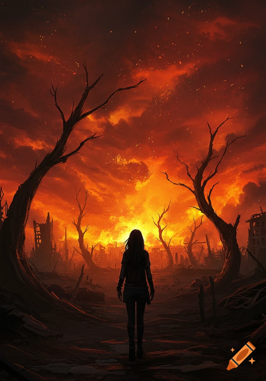 Figure stands in ruined city looking at fiery orange sky.