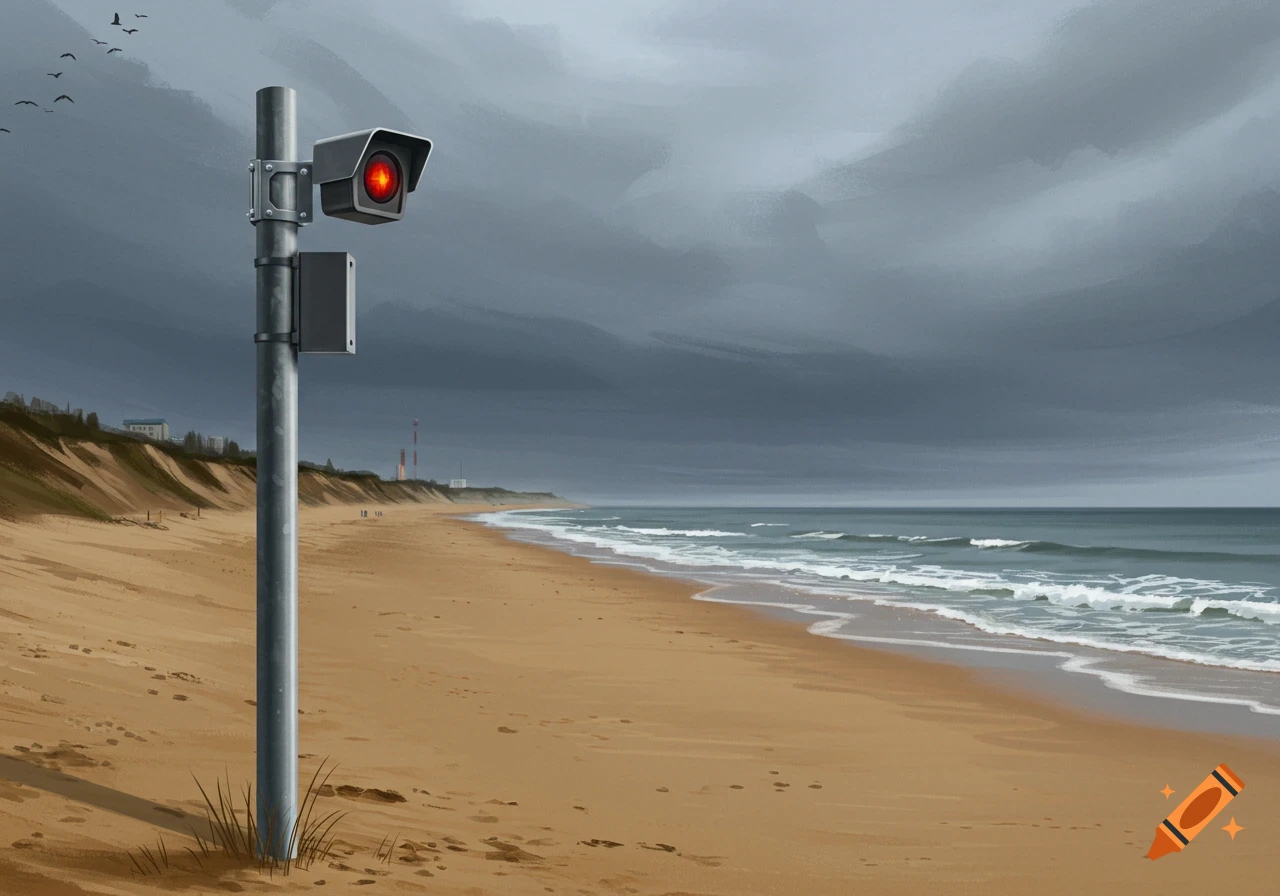 Digital painting of a surveillance camera on a pole on a sandy beach under a dark, overcast sky.