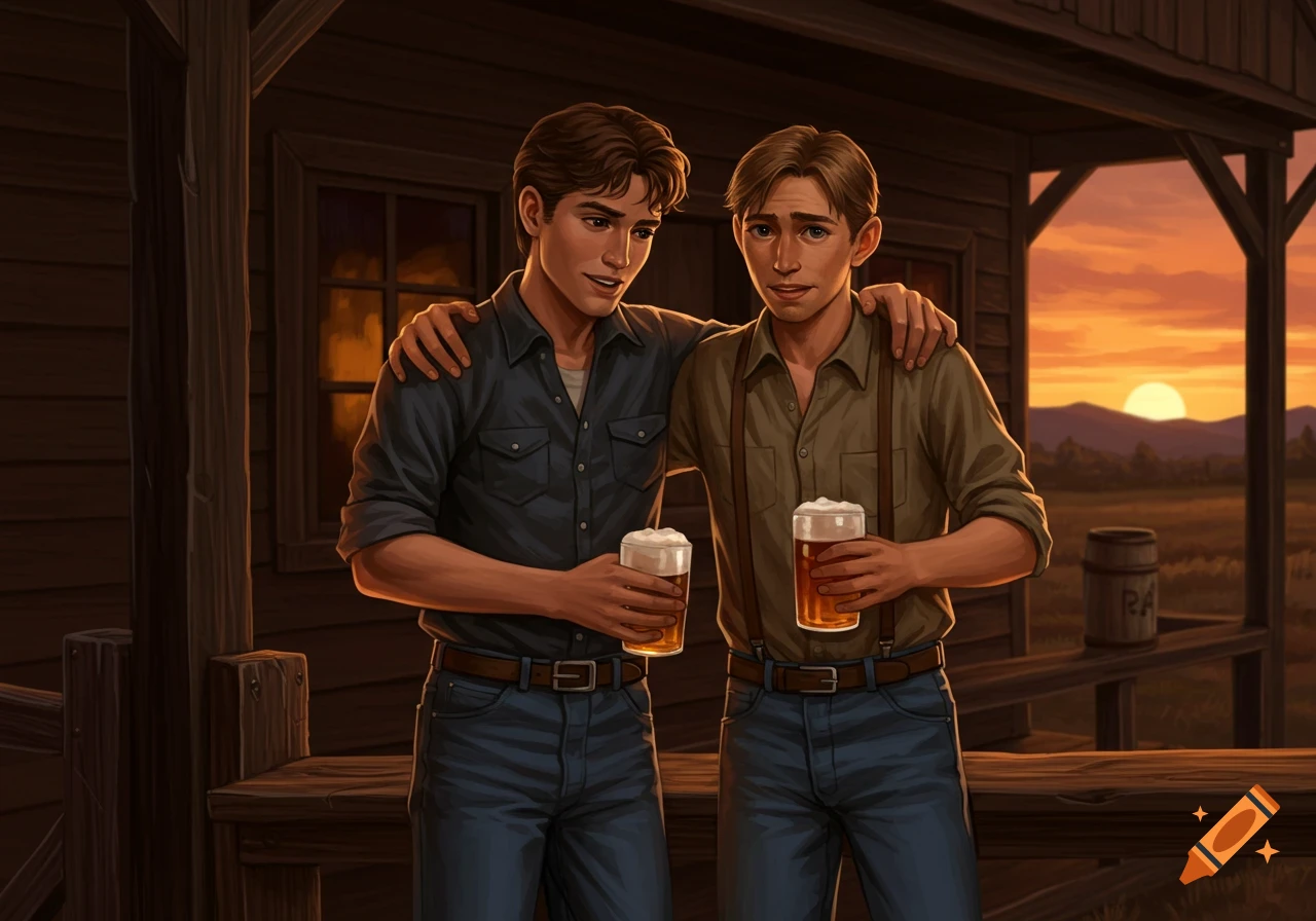Two men stand outside a rustic building at sunset, one with his arm around the other, both holding beers.