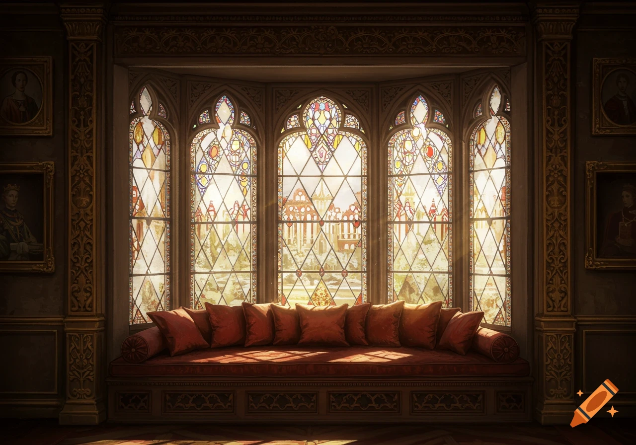 A red couch sits before a large stained glass bay window overlooking a palace.