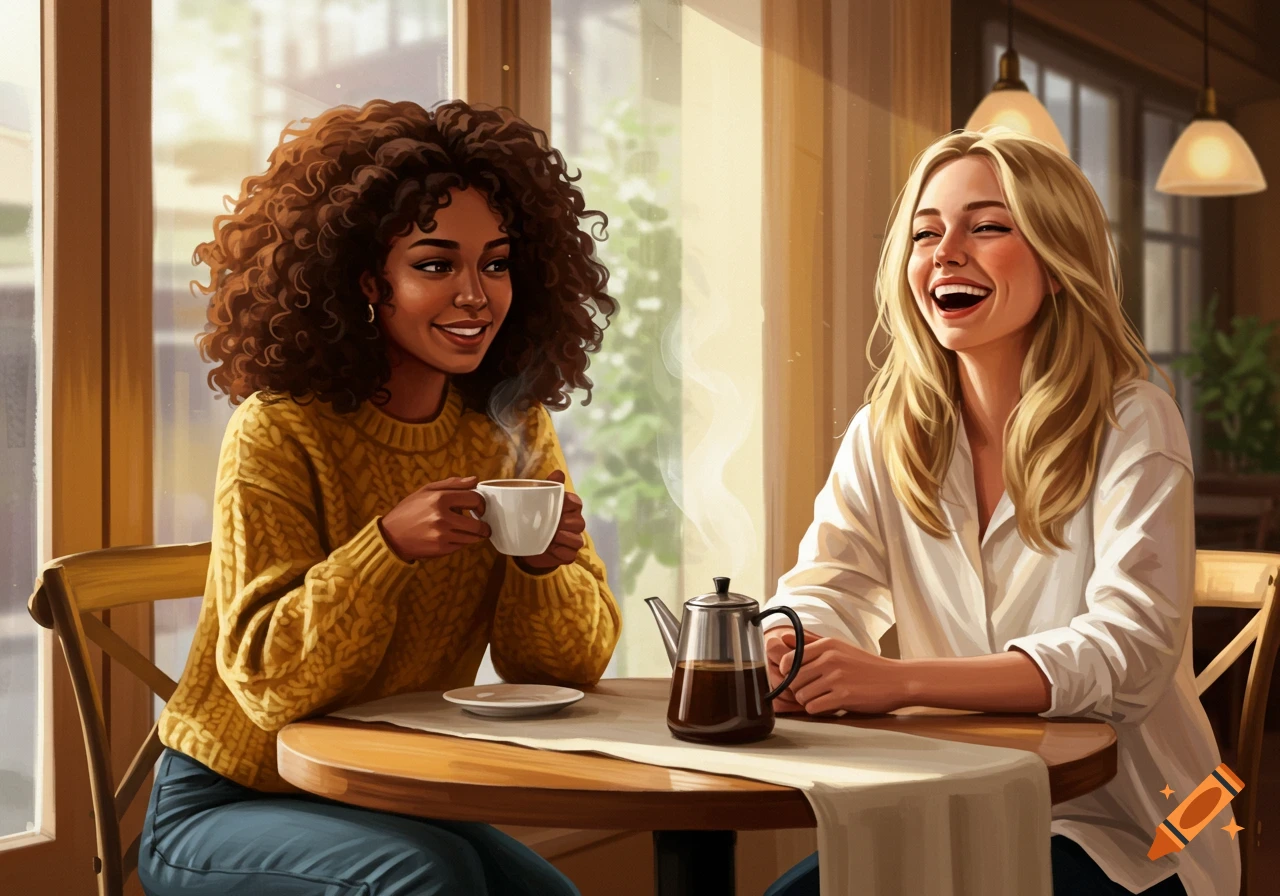 Two women smiling while having coffee in a cafe in an illustrative style