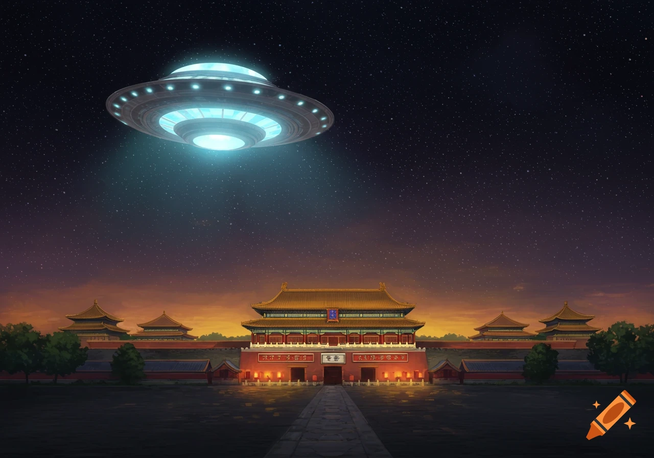A UFO beams light onto a traditional Chinese gate under a starry night sky.