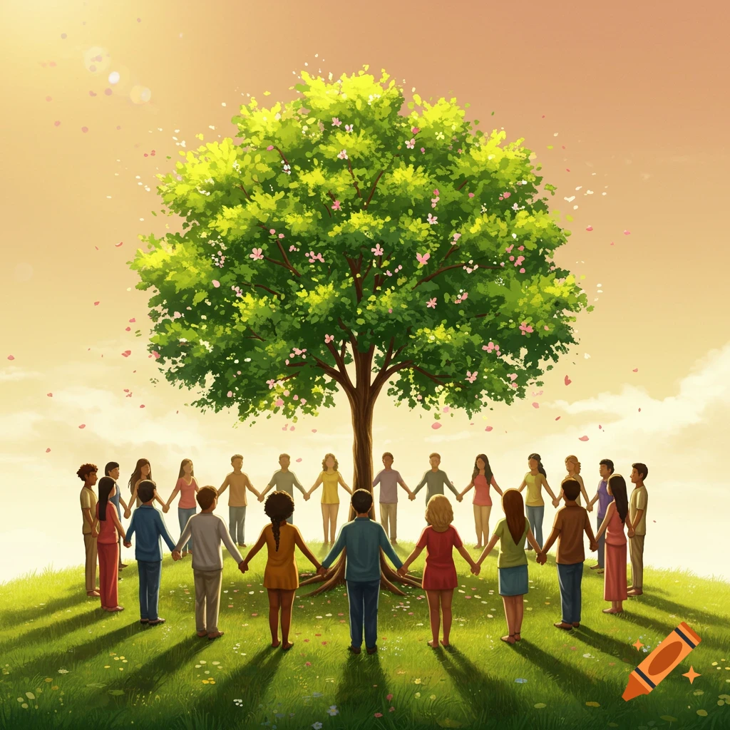 Illustrated diverse group of people holding hands around a large tree on a hill at sunset.