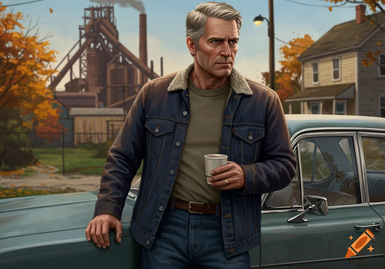 Illustration of a middle-aged man in a denim jacket leaning on a car in a town with industrial buildings and fall foliage.