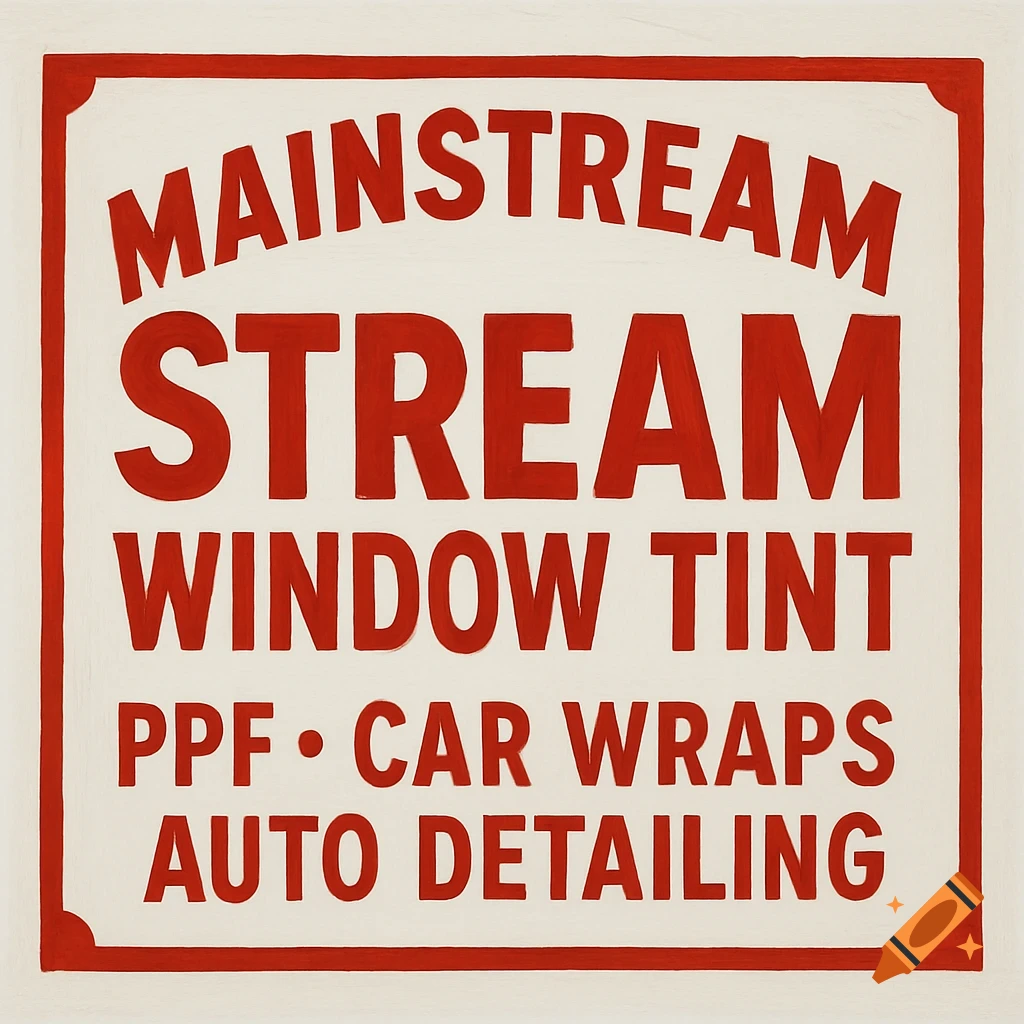A red and white sign for Mainstream Stream Window Tint, PPF, Car Wraps, and Auto Detailing.