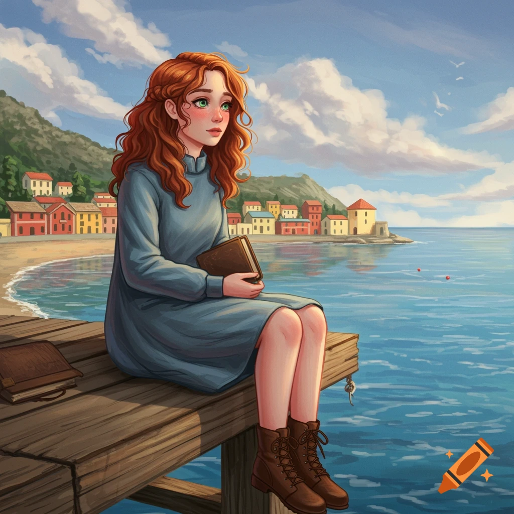Red-haired woman sitting on a dock by the sea holding a book, with a coastal town behind her, illustration style.