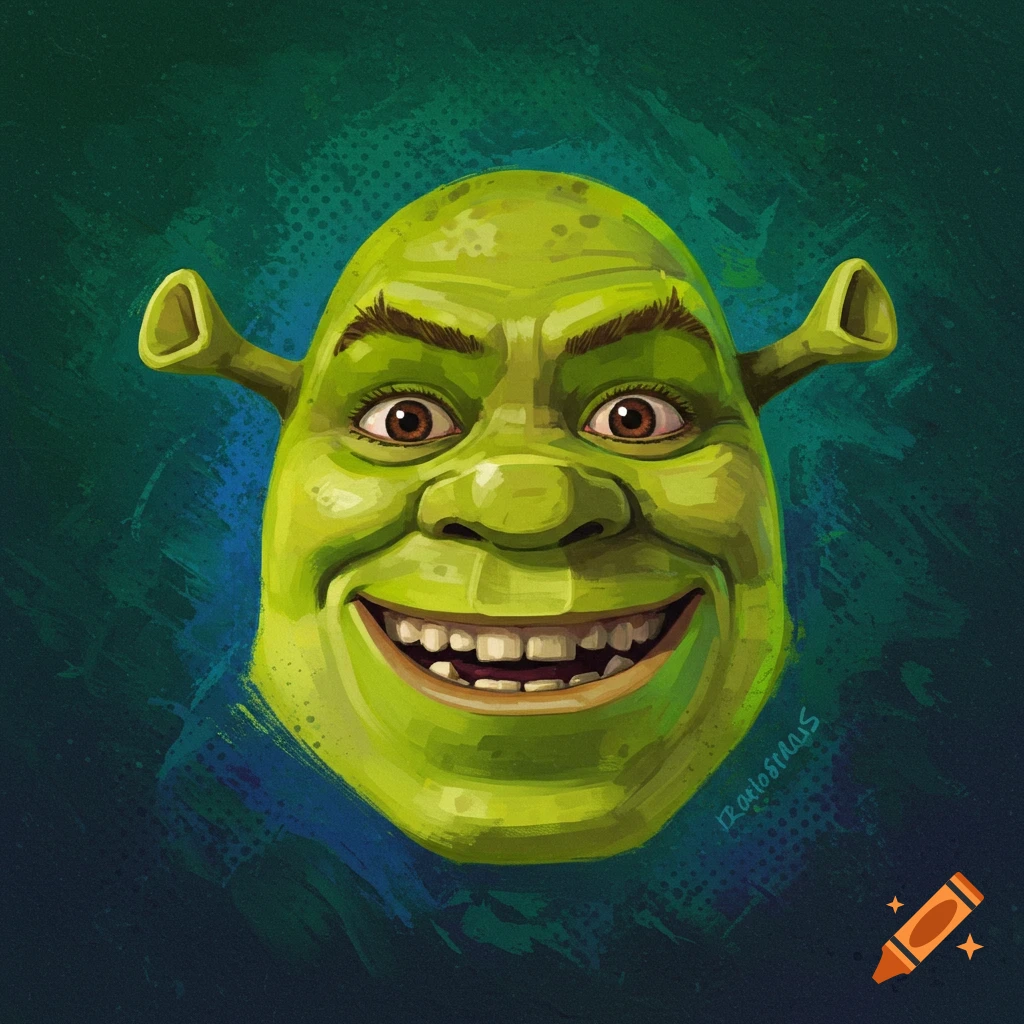 Digital painting portrait of Shrek smiling.