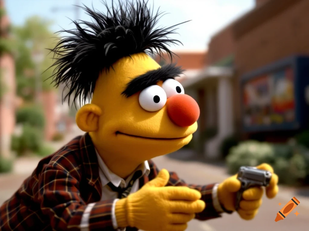 Bert from Sesame Street holding a gun in a movie-like scene.