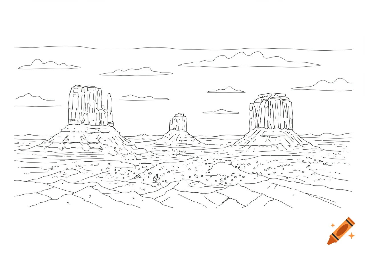 A simple black and white line drawing of the iconic mesas in Monument Valley.
