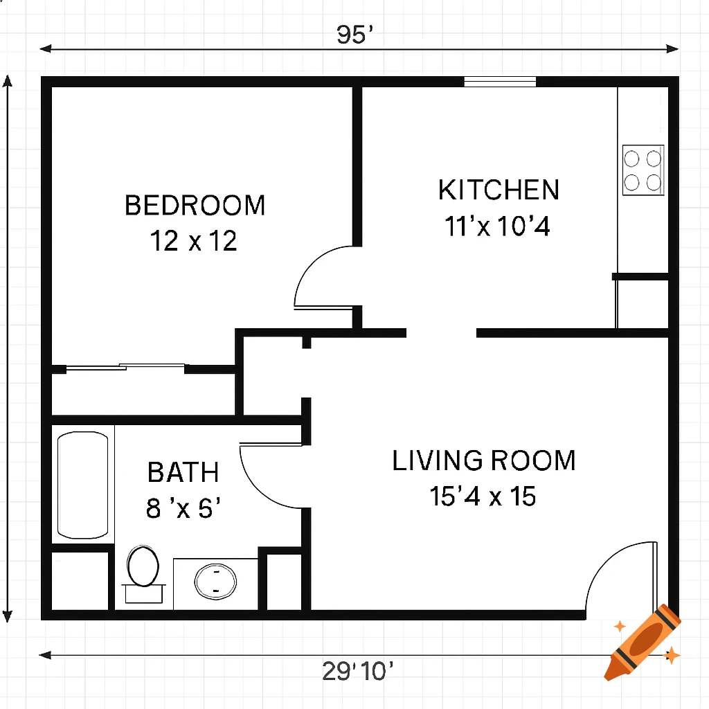 A floor plan showing a bedroom, bath, kitchen, and living room with dimensions.