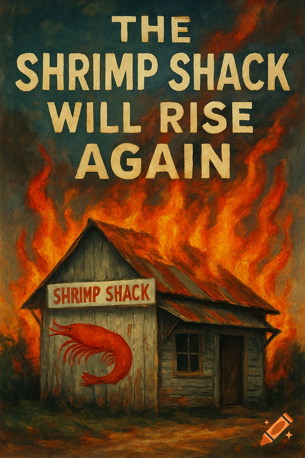Illustration of a burning shack with a giant shrimp graphic and the text 'THE SHRIMP SHACK WILL RISE AGAIN'.