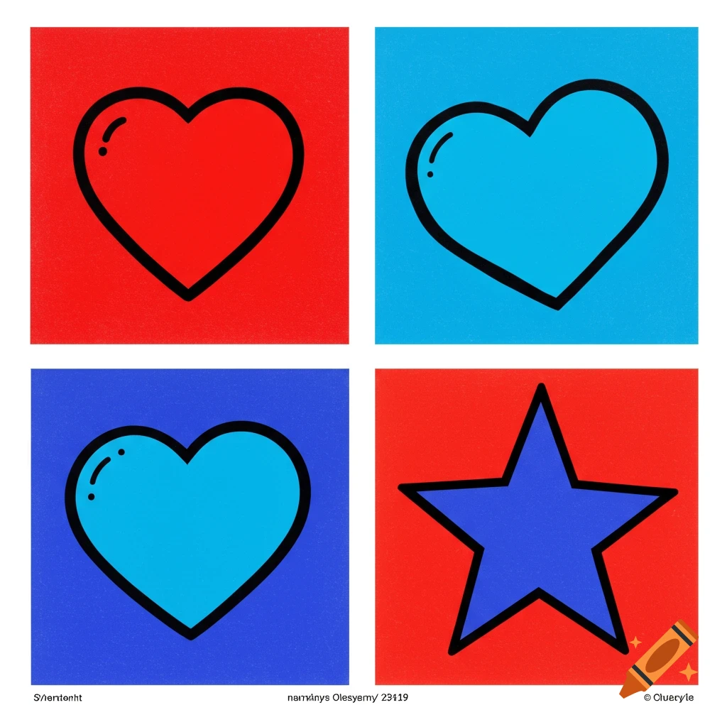 Pop art style grid with a red heart on red, blue heart on blue, blue heart on blue, and a blue star on red.