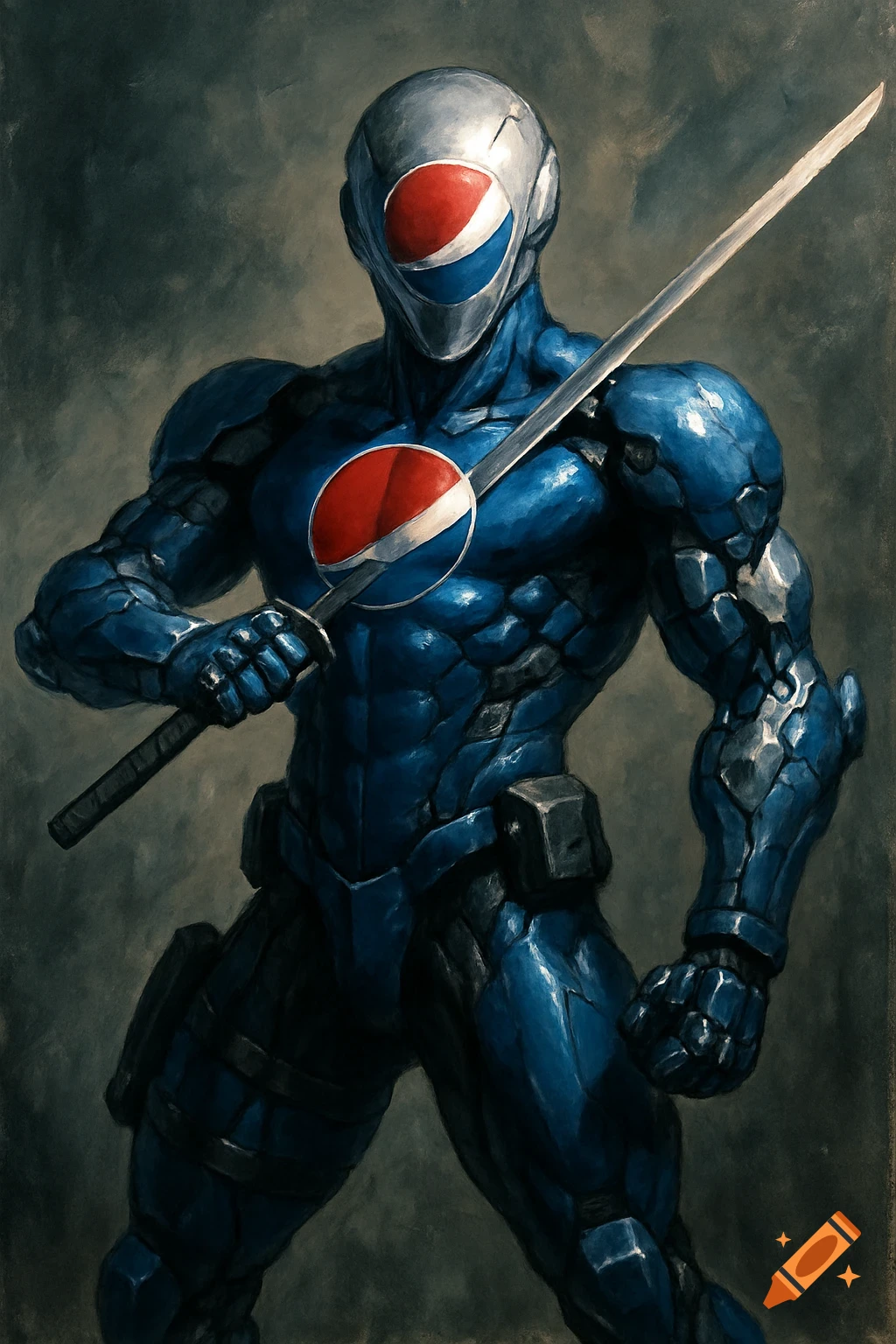 A cyborg ninja based on Pepsi-Man from Metal Gear Solid holds a katana. Painted style.