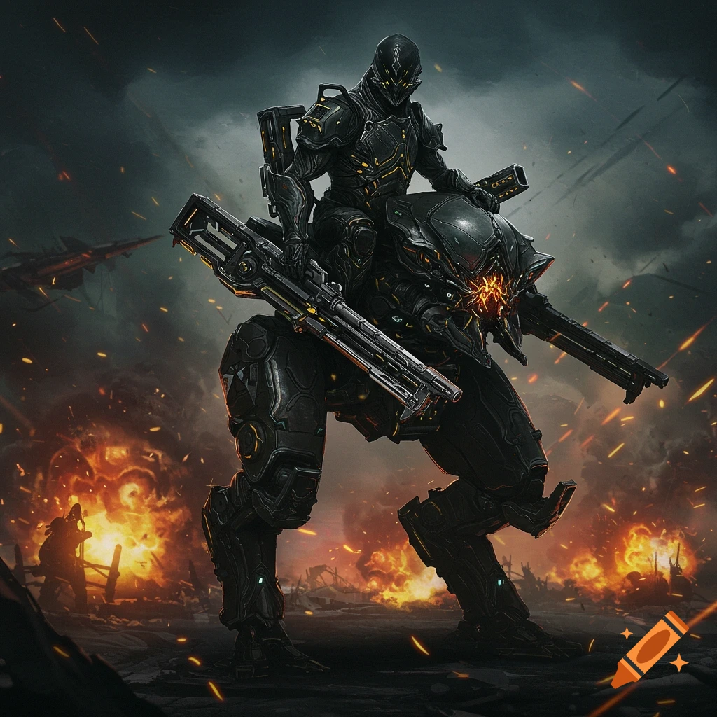 Dark armored character on a battle mech in a warzone with explosions, digital art