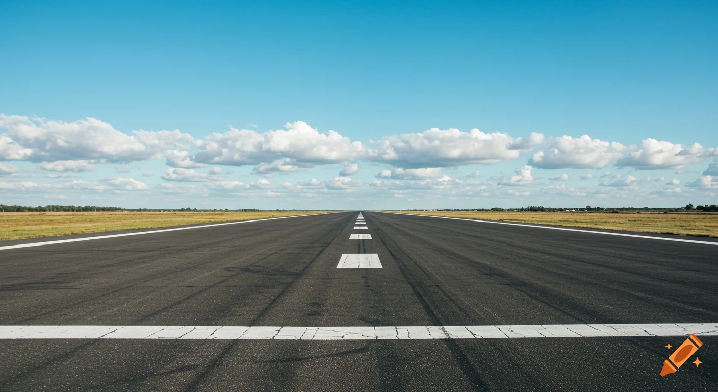 An airport runway stretches into the distance under a blue sky with clouds.