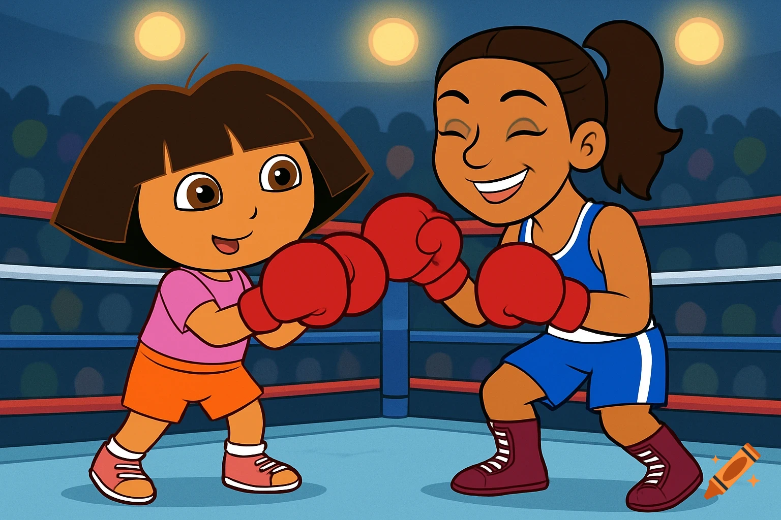Dora the Explorer and another girl cartoon boxing in a ring