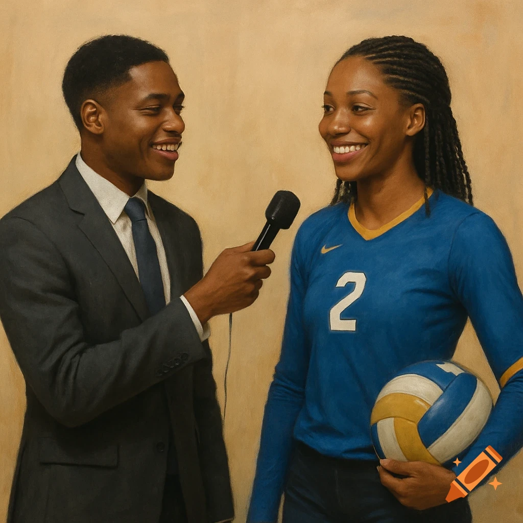 Black man interviewing a Black woman volleyball player in a blue jersey with number 2, holding a ball. Painting.