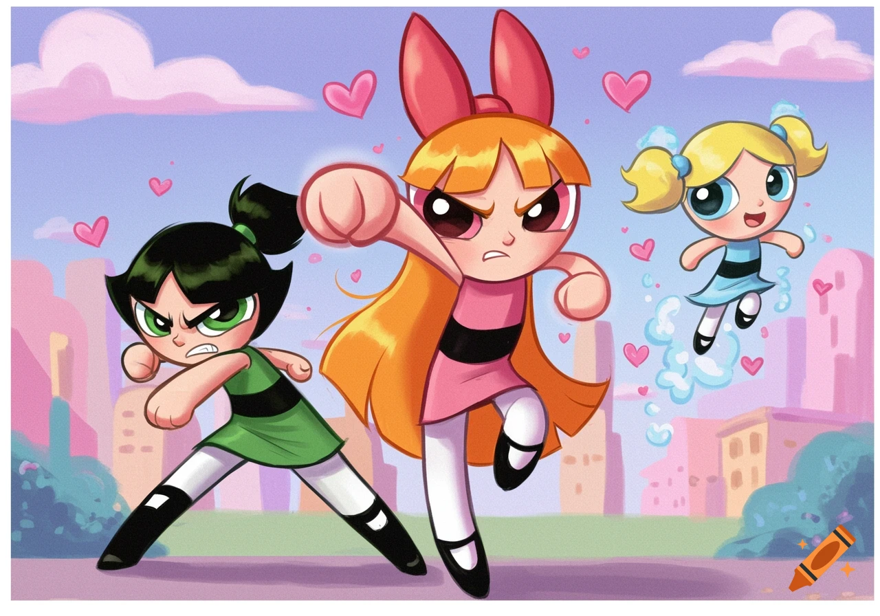 Blossom, Buttercup, and Bubbles in action against a city background