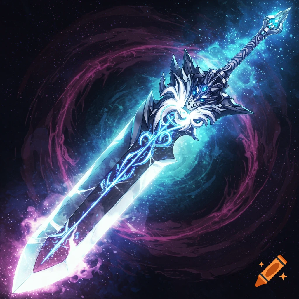 A glowing fantasy sword with a beast hilt against a starry galaxy background.