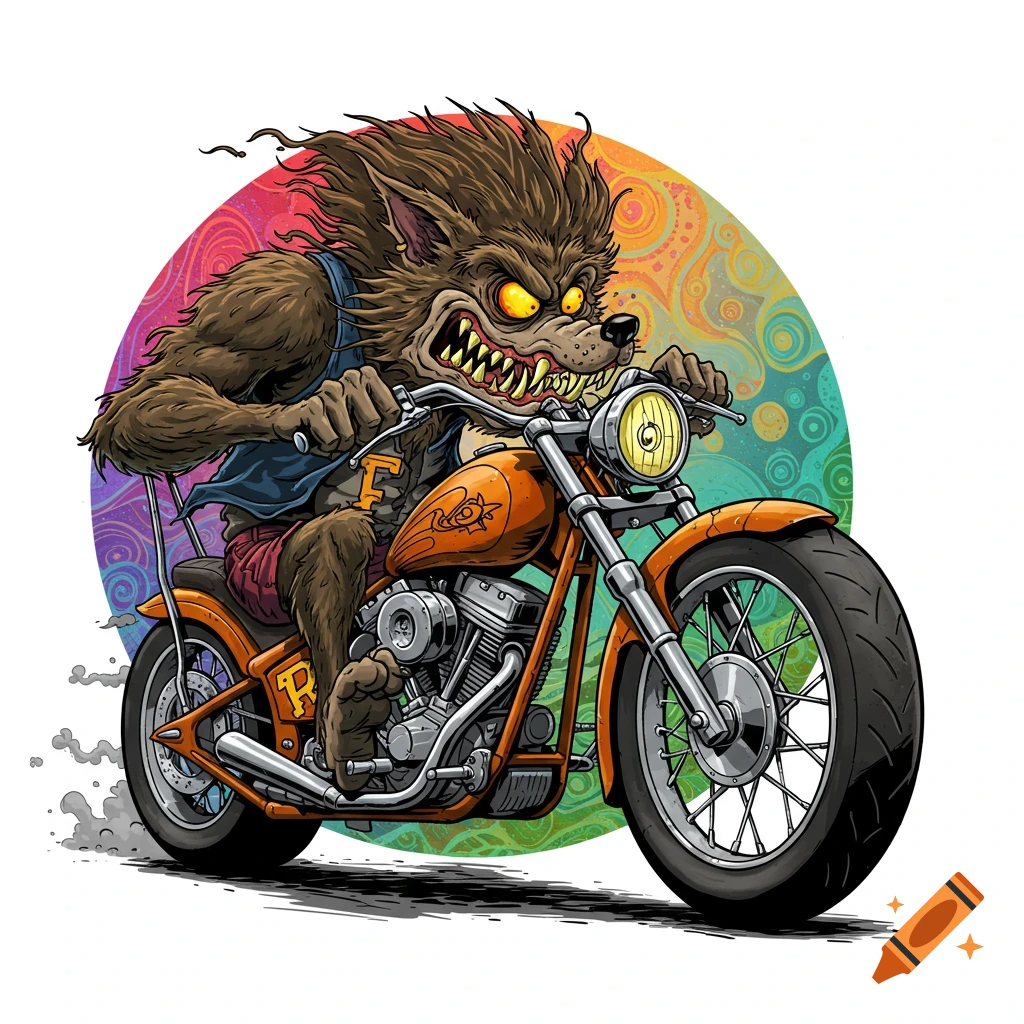 Cartoon werewolf riding an orange motorcycle against a colorful circle