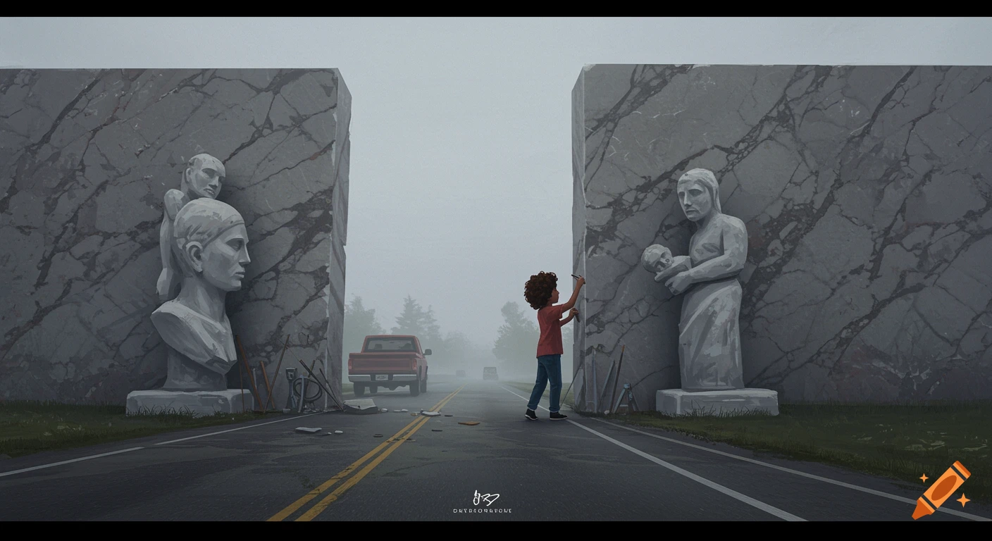 A child sculpts on large stone structures on a foggy road with a truck in the background.