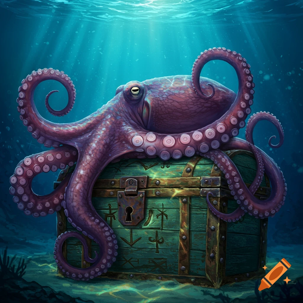 Purple octopus wrapped around an underwater treasure chest