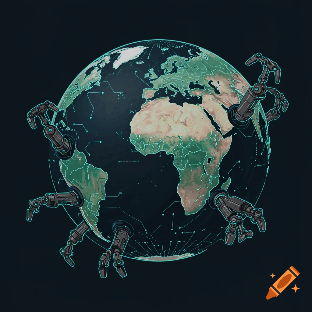 Stylized Earth globe with robotic arms and circuit lines