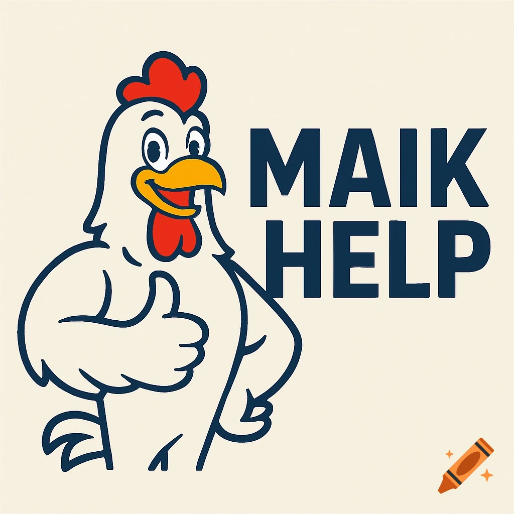 Cartoon chicken logo giving a thumbs-up next to the text MAIK HELP