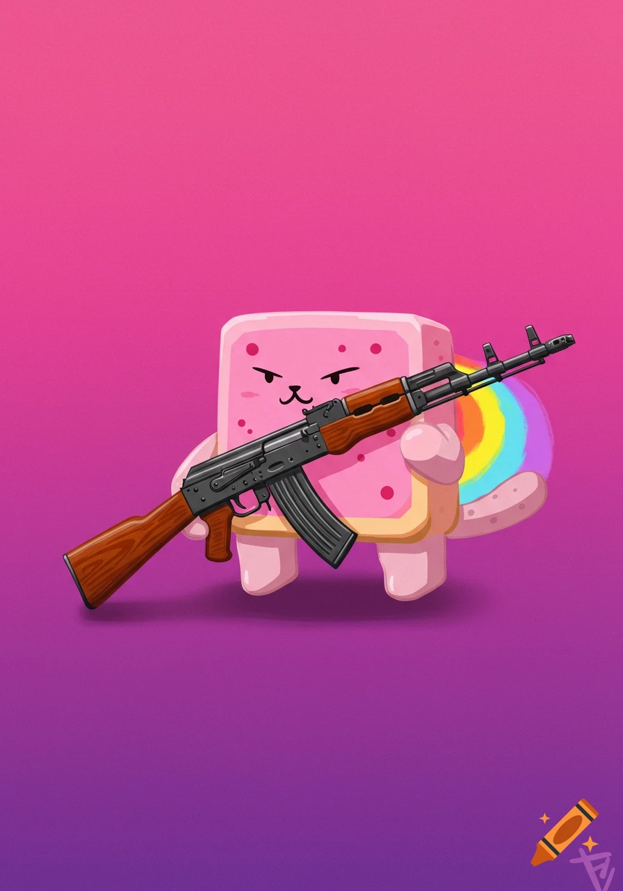 Cartoon Nyan Cat meme holding an AK-47 assault rifle.