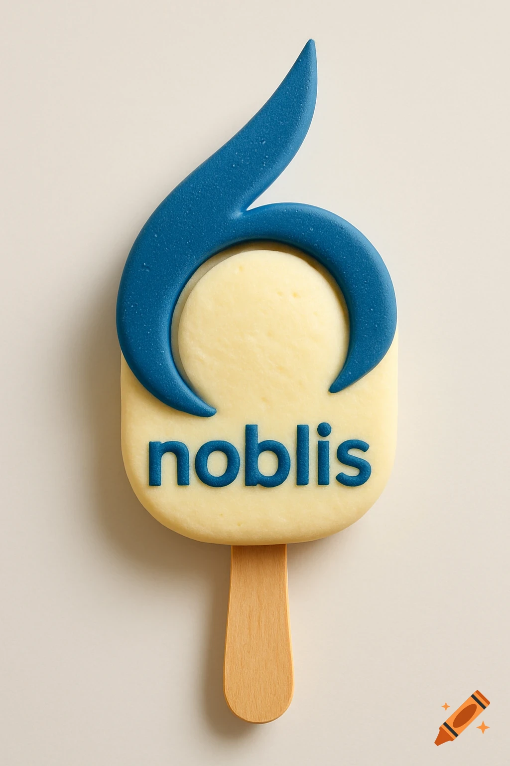 Photorealistic image of a white ice cream bar in the shape of the blue Noblis logo, with the name "noblis" written on it.