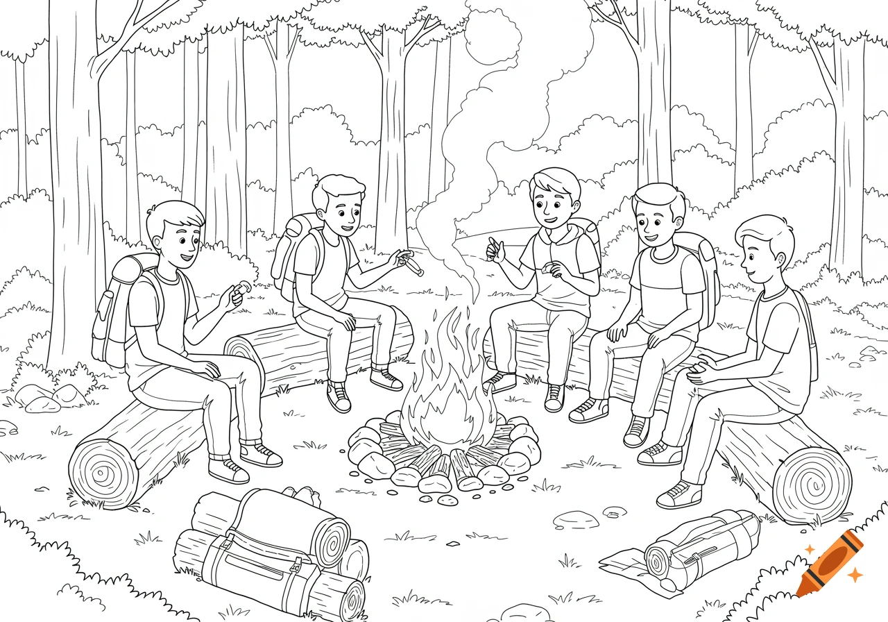 Line drawing of five boys sitting around a campfire in the woods. They are sitting on logs and wearing backpacks.